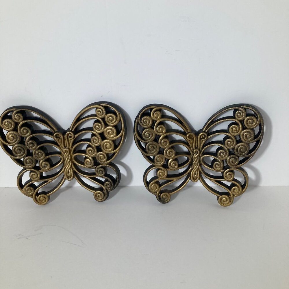 2 - MCM Vintage 1978 Burwood Butterfly Wall Hangings Gold Plastic 6 x 7"